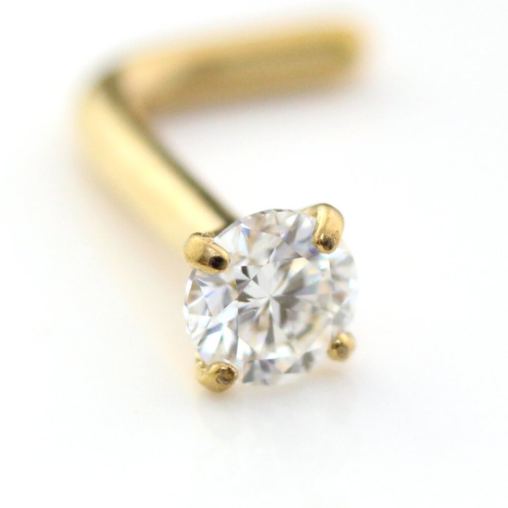 Pair Stainless Gold PVD Clear CZ 18G 20G L Shaped Bone Nose Rings Stud